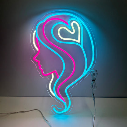 LED Neon Sign - Hair Salon Women Face Side View